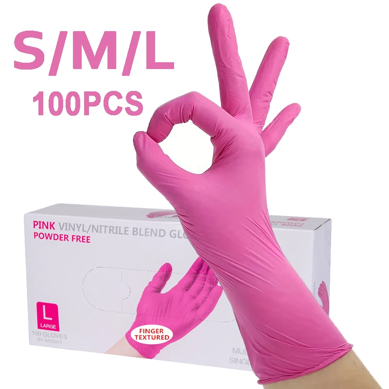 100/50/20PCS PinkNitrile Gloves Clean Kitchen Dishwashing Waterproof Glove Hair Dyeing Beauty Tattoo Household Cleaning Supplies