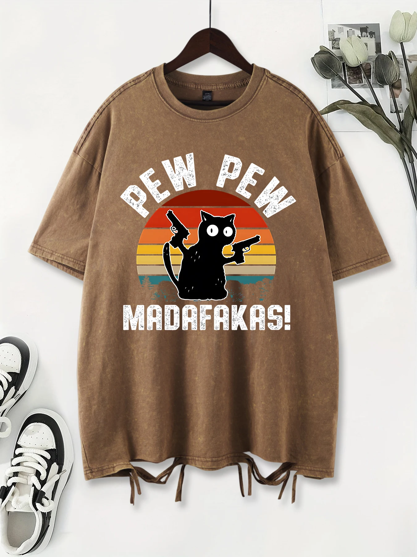 Pew Pew Madafakas Cats Prints  Washed Holes Woman T Shirt Trendy Casual Tee Shirts Cotton Clothes Breathable Short Sleeve