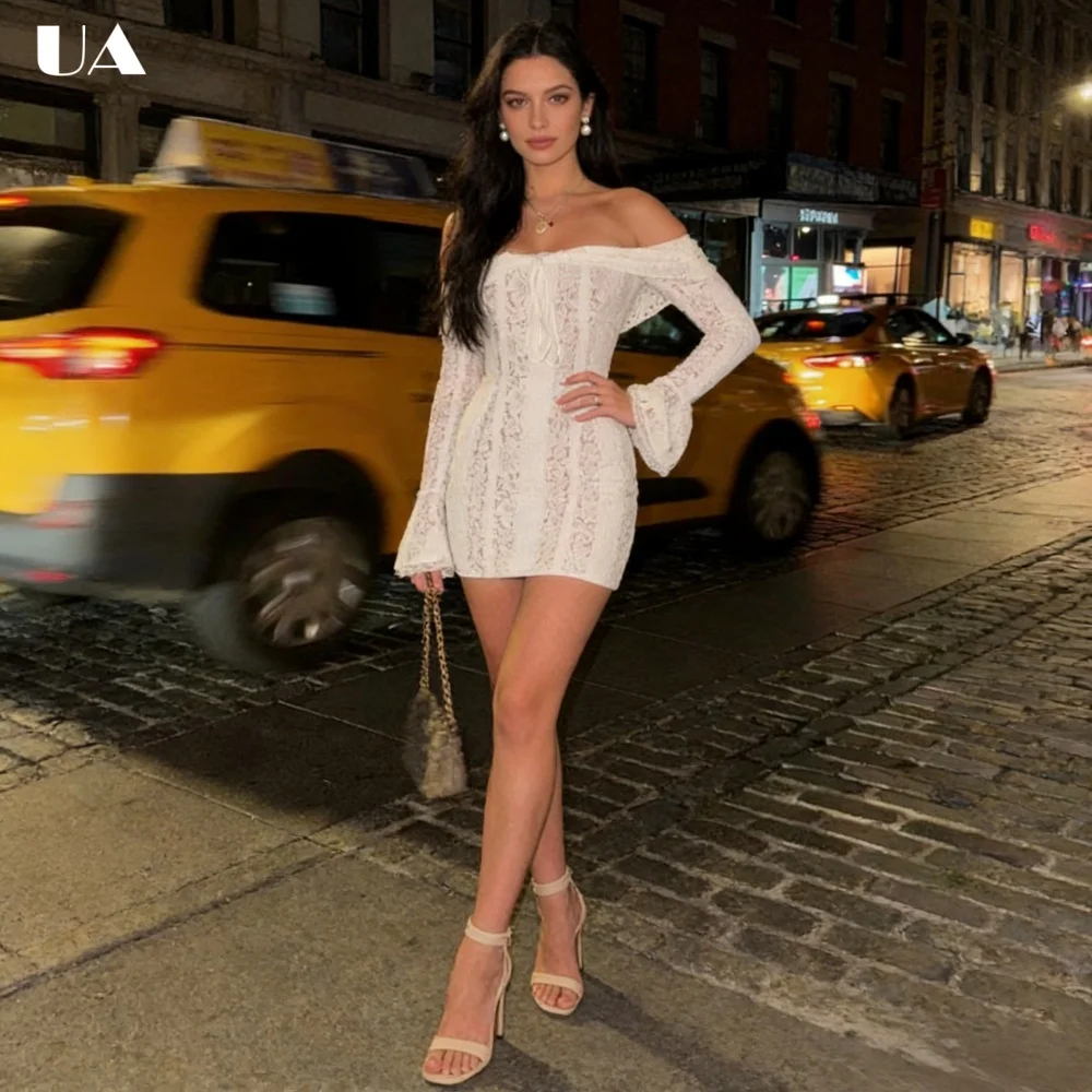 

Trendy Lace Off-the-shoulder Mini Dress with Flare Cuff, Hotsweet Sheath Short Dress for Woman, Solid Slash Neck Party Dress