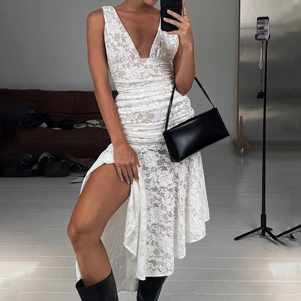 

2025 fashion new V-neck lace long dress summer sexy sleeveless backless dress female elegant sexy party dress club clothing