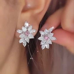 Huitan Sparkling Pink Stud Earrings for Women Full Bling Iced Out Cubic Zircon Earrings Wedding Engagement Luxury Female Jewelry