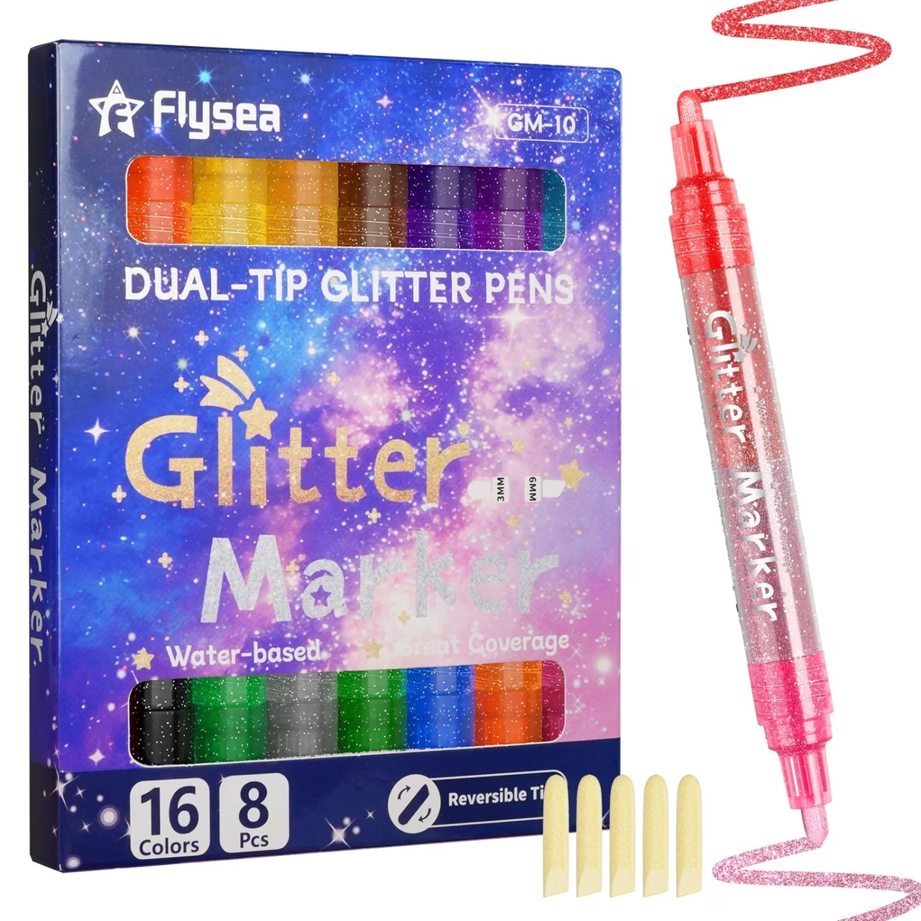 Flysea Professional Glitter Markers, Double-Ended Quick-Drying Glue-Like Ink, 8pcs(16 Colors)/12pcs(24 Colors), Fine Tip Glitter Pen Set for Scrapbooking, Card Making, Journaling, Painting & Drawing