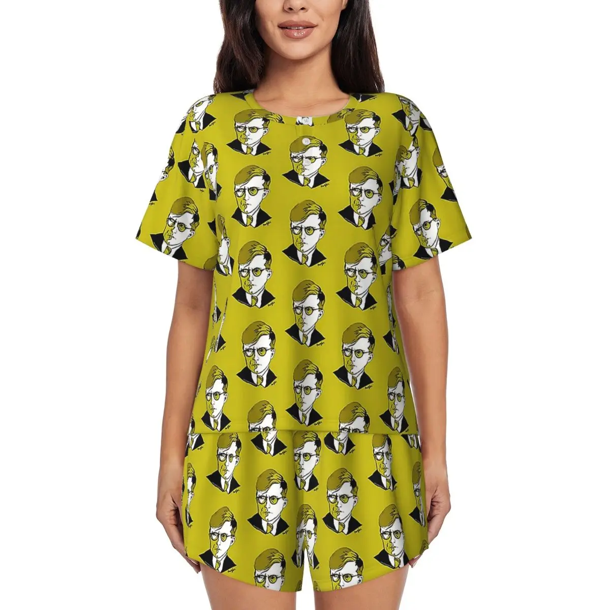 

Dmitri Shostakovich Russian Composer Round Neck Short Sleeves Nightdress for Sleepshirts Women Loose Pajama Set Short Pants