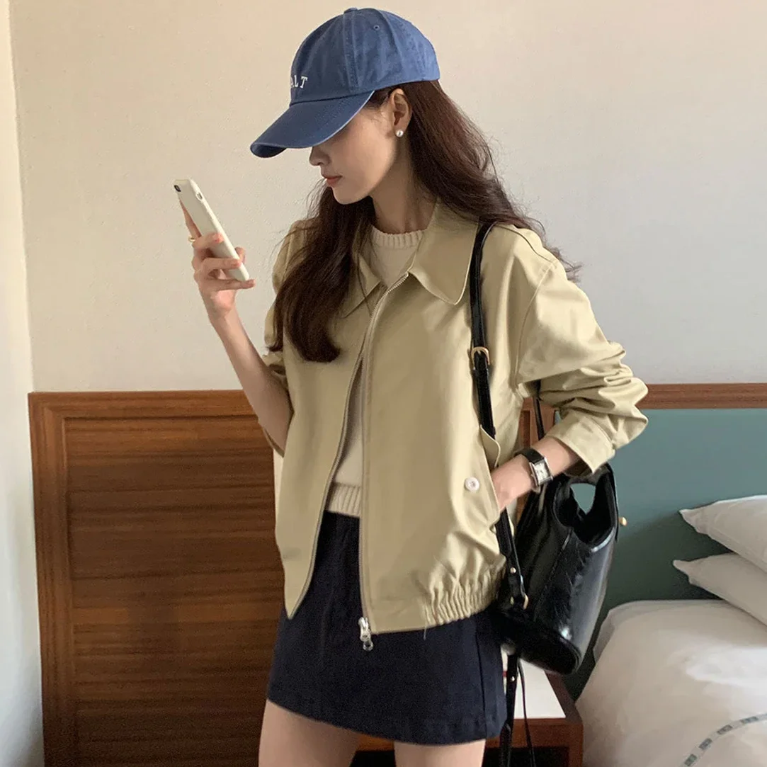 Crop jacket New Korean Fashion Casual  Outerwear Early Autumn Popular Small Lapel Baseball Cargo