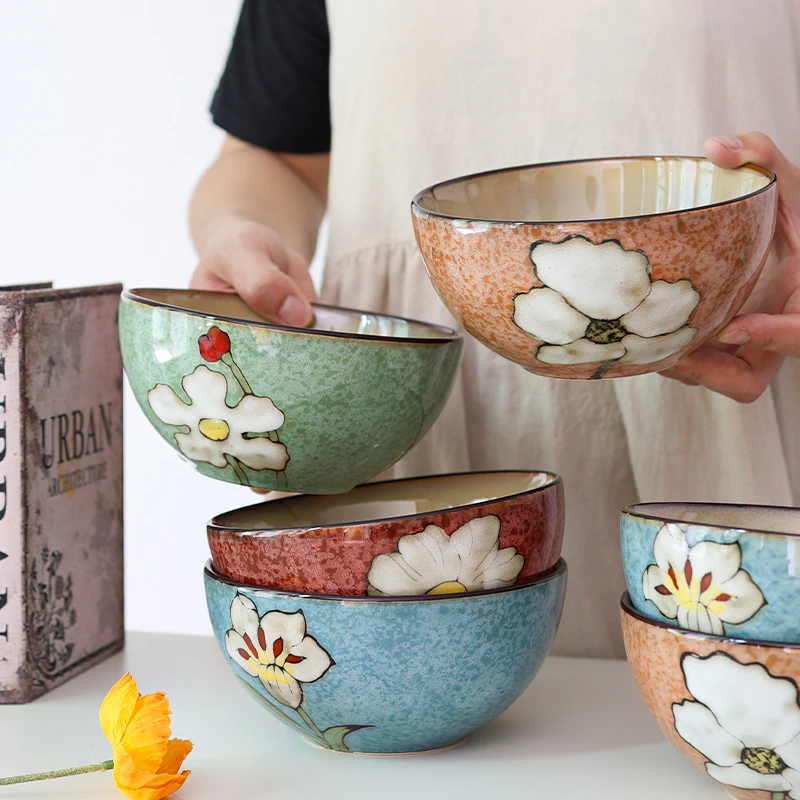 

Расписанная вручную большая керамическая чаша в корейском стиле с подглазурной росписью, для салата и супа, столовая посуда, с двойным узором