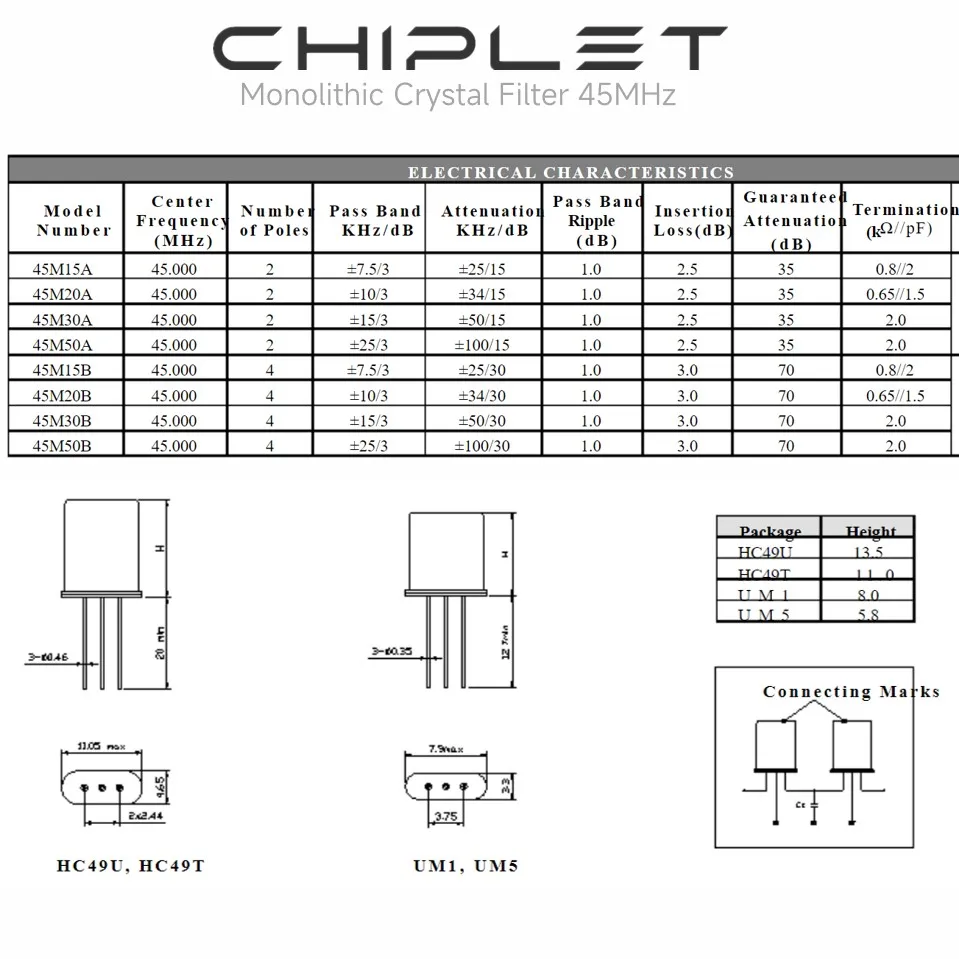 3pcs UM5 3P 45MHz Monolithic Crystal Filter 3pins 45M07A 45M15A 45M30A 45M50A 2 Poles MCF 45M 45.000mhz DIP UM-5