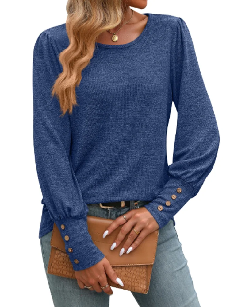 

Casual Round Neck Long Sleeved Solid Color Button Women's T-shirt Fashionable High Street Daily Commuting Style Autumn Top