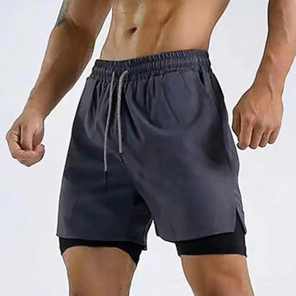 Men's Double Layer Fitness Shorts Men Fitness Gym Training 2 in 1 Sports Shorts Quick Dry Workout Jogging Double Deck Summer