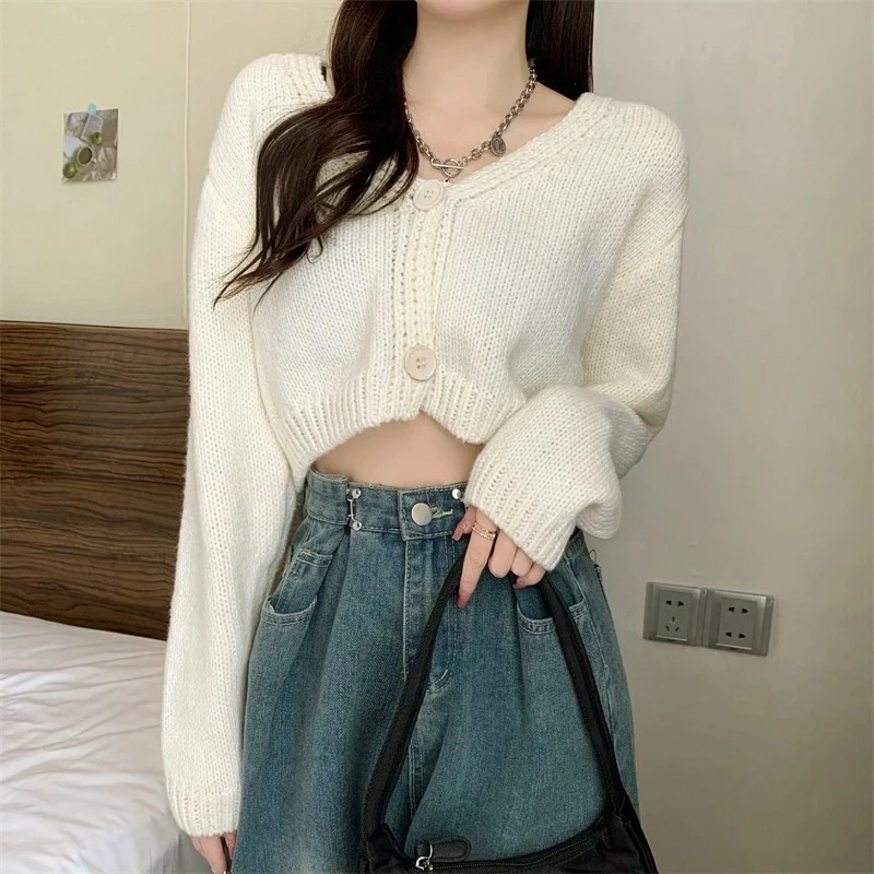 Box-fit Crop Cardigan Sweater Button Front Long Sleeve V-Neck Pastel Plain Knit Jacket Women Teen-girl Fall Winter Y2K Outfit