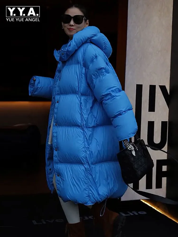 

Korean Style Women Blue Hooded Down Jacket Single Breasted Loose Fit Warm Mid-length Puffer Jackets Autumn Casual Long Outerwear