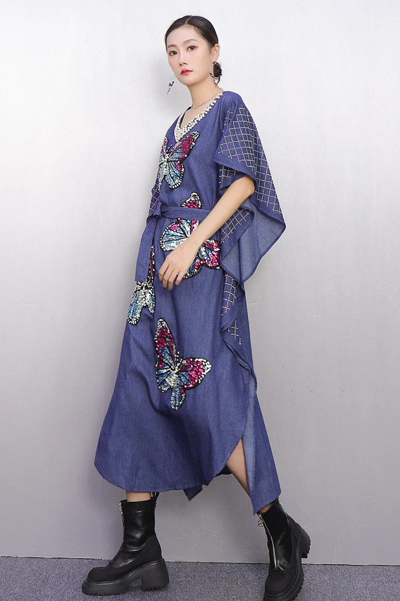 2025 Herfst Winter Elegante Vrouwen Losse Denim V-hals Lange Jurken Vrouwelijke Geborduurde Lange Mouw Jurk Groothandel J2079