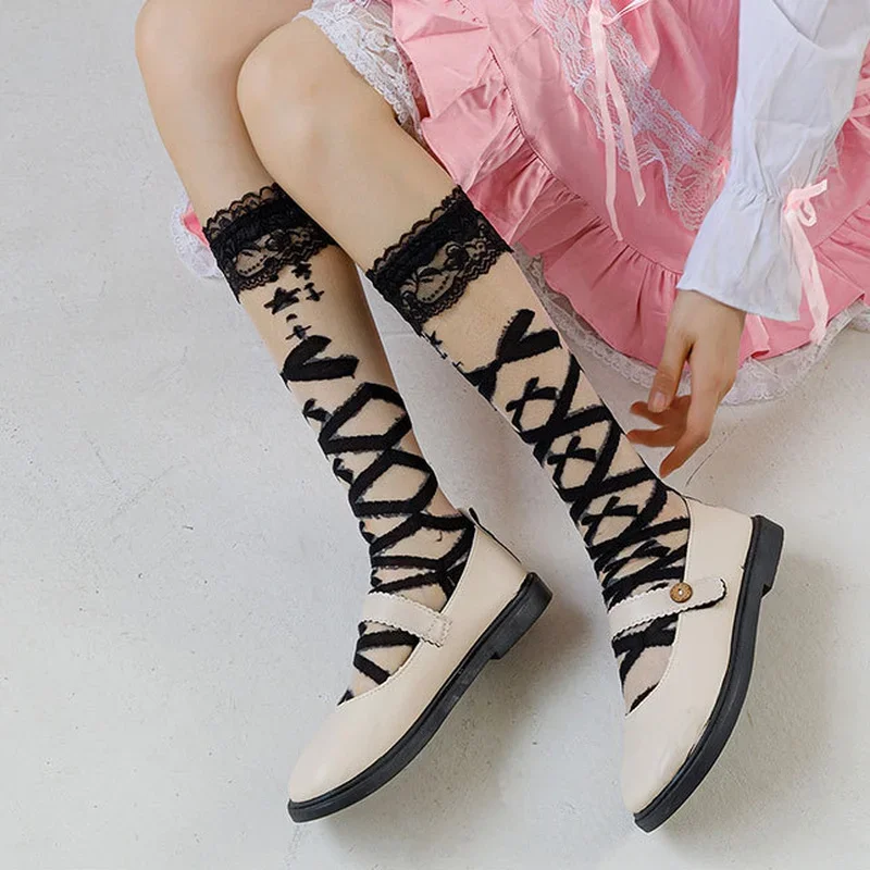 

Japanese Lolita Lace Socks Bow Knot Calf Socks Adult Women's Stockings Socks Cute Girl Women Transparent kawaii harajuku