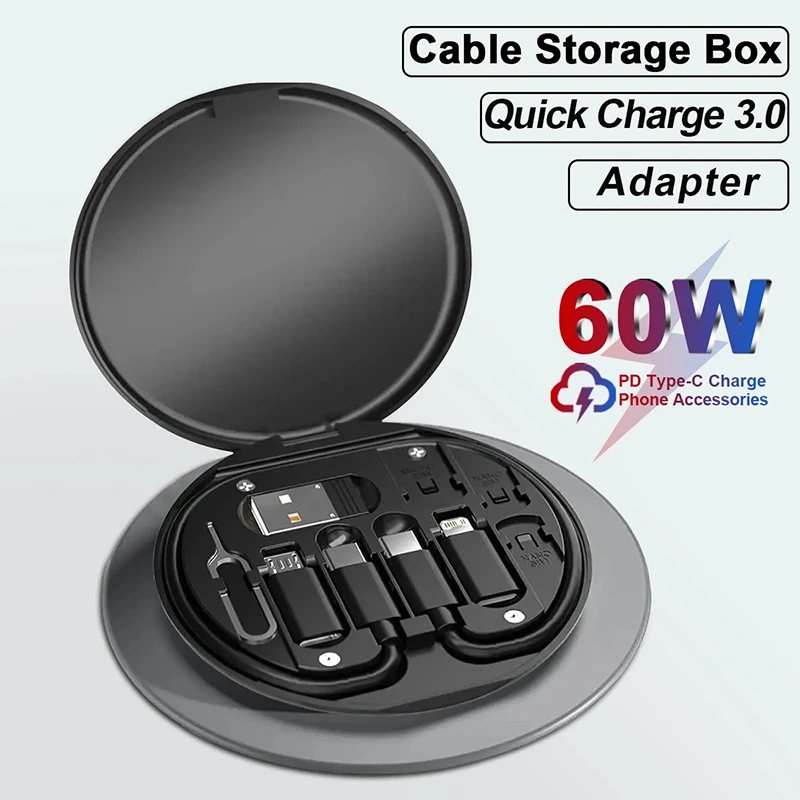 60W USB Data Cable Fast Charge Line Storage Box Multifunctional Mini Digital Electronic Gadgets Organizer Card Removal Pin Set