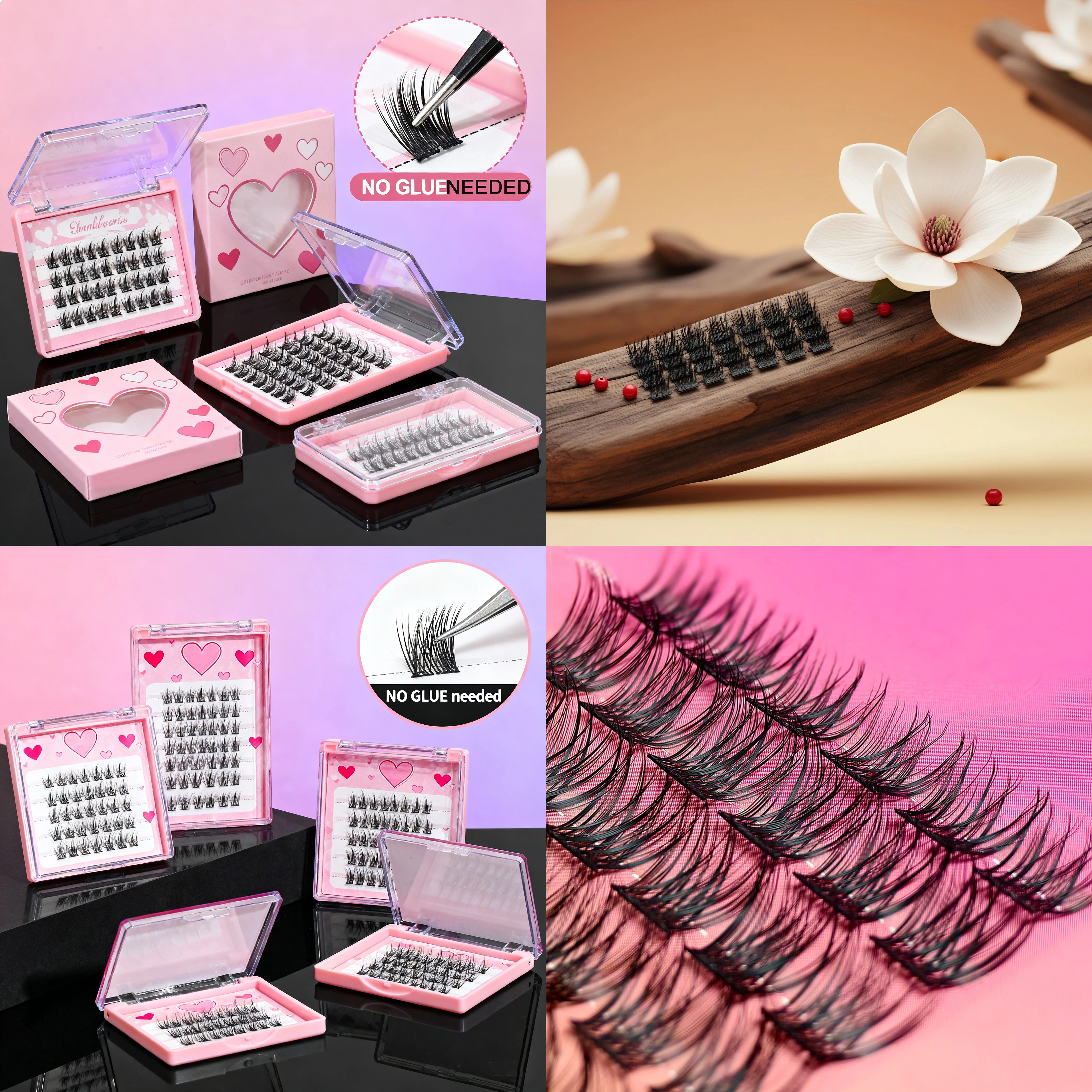 Wispy Plant Fiber Vegan Press-On Lash Clusters Self-Adhesive Reusable Transparent Band Wholesale Pre Glued Lashes