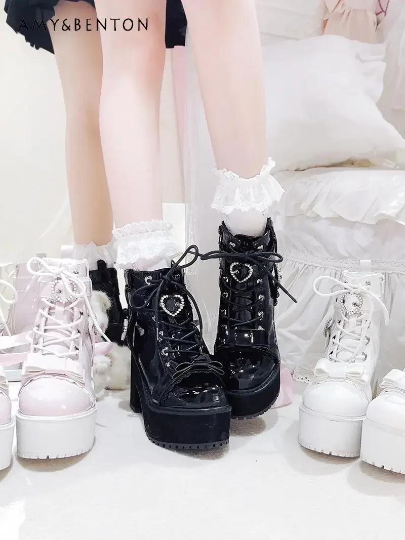 Mine Lolita Short Boots Japanese Mass Production Love Rhinestone Buckle Bow Round Head Platform Boots Sweet Cool Boots Students