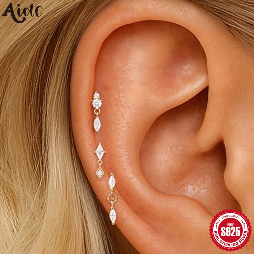 Aide 925 Sterling Silver Labret Internal Thread Ear Stud Flatback Pendant Chain CZ Tragus Stud Cartilage Piercing Lobe Jewelry