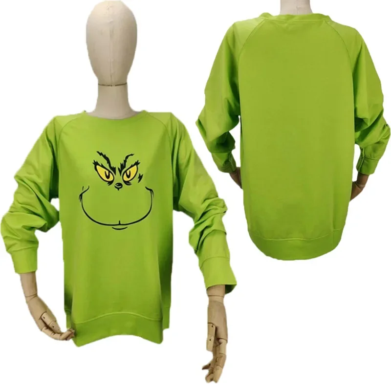 New Year Christmas Crew Neck Sweatshirt Long Sleeve Green Hairy Monster Apparel Xmas Family Costume Green Red Outfits