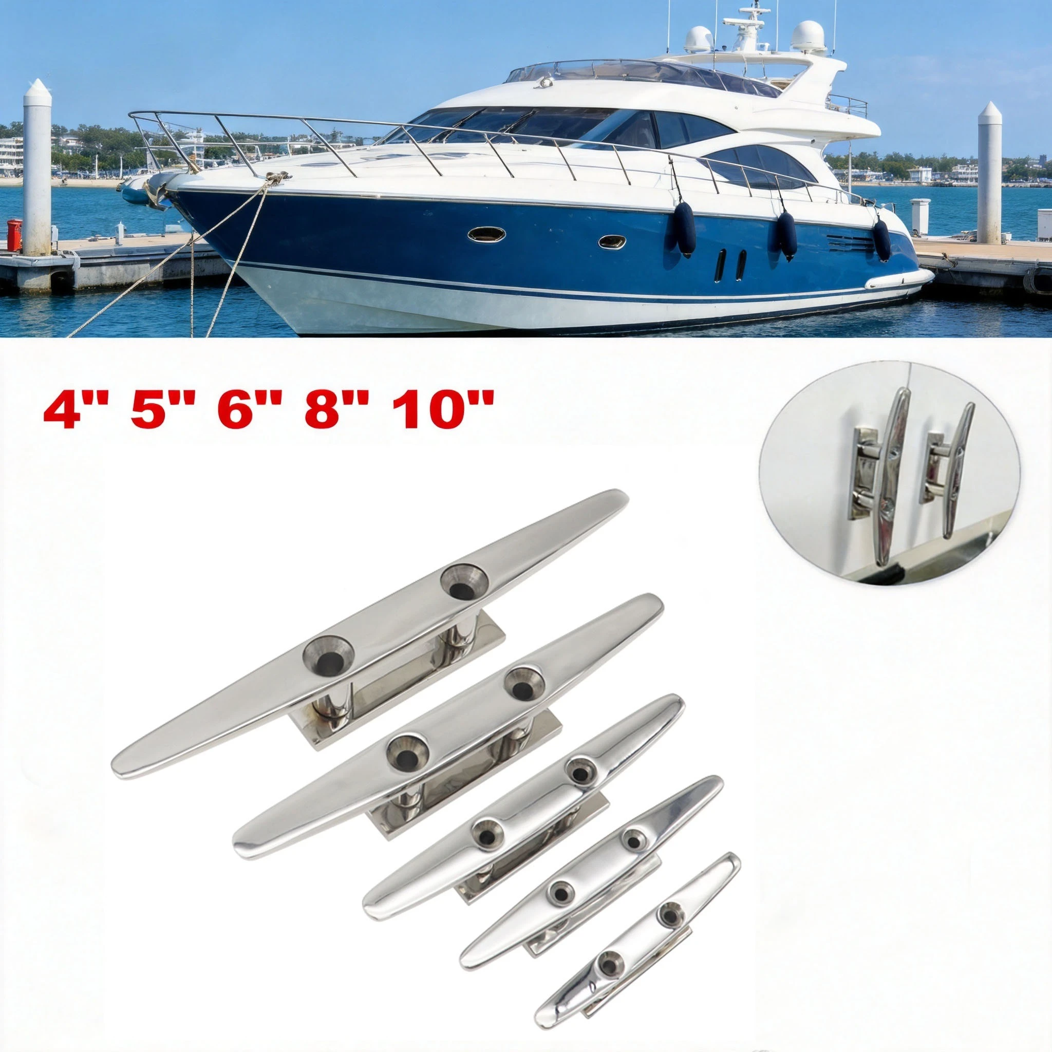 2PC 4/5/6/8/10 inch Boat Mooring Cleat Stainless Boat Cleat 316 Stainless Steel Dock Deck Rope Cleat Marine Hollow Base Cleats