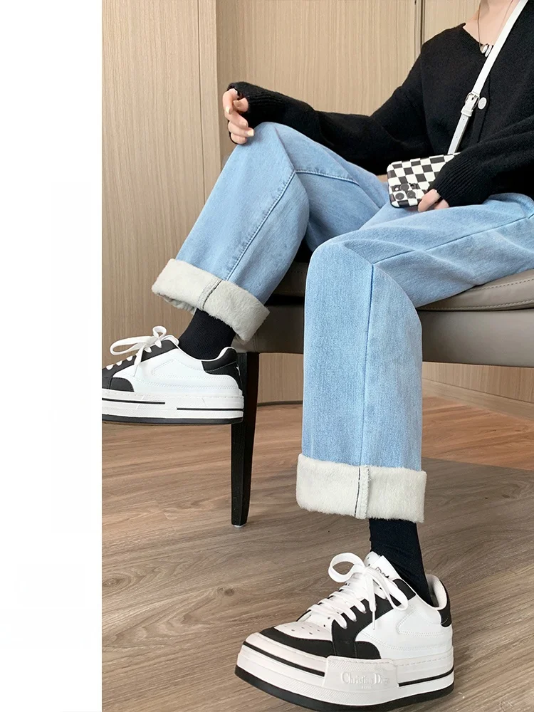 

Женские джинсы с подкладкой, прямые, с высокой талией, свободные, стройнящие, больших размеров, светлые, широкие брюки, осень-зима...