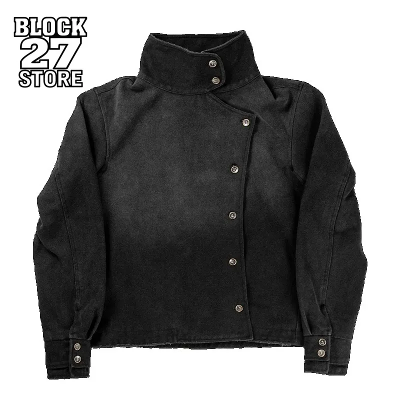 

Mens Jacket Harajuku Y2K Fencing Vintage Wash Gradient Irregular Button Unisex Gothic Streetwear Canvas Cotton Casual Fashion