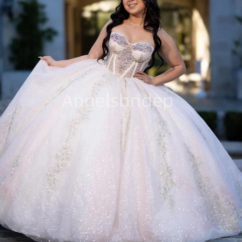 Angelsbridep-Vestido De quinceañera con cristales para mujer, traje De fiesta De noche sin mangas, color marfil, 15 Años, 2025