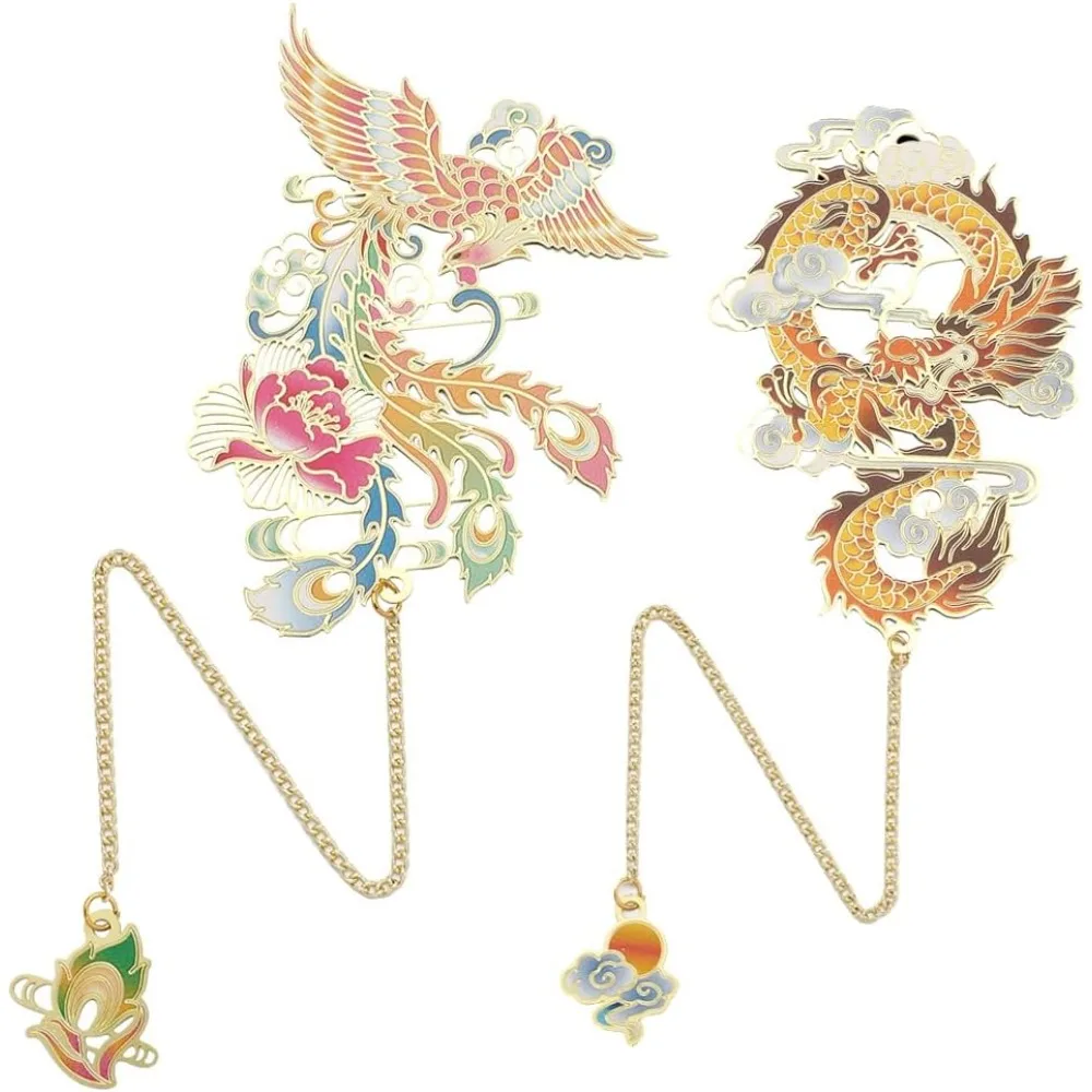 2 Stil chinesischen Drachen und Phoenix Messing Metall Lesezeichen Vintage Lesezeichen Dekor Metall Etikett Anhänger für besondere Urlaub Frauen