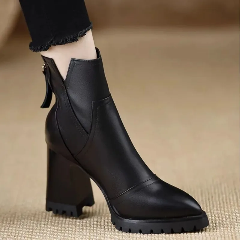 

Высококачественные женские ботильоны на высоком каблуке, модные, с острым носком, на молнии, в британском ретро-стиле, нескользящие, короткие женские ботинки Botas Mujer