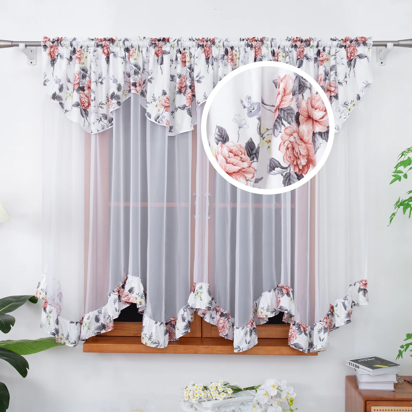 1 Stück Rustikaler Rosenvorhang, Lichtfilternder Fenstervorhang für Küche, Schlafzimmer, Landhausdekoration, Liebenswertes Einweihungsgeschenk