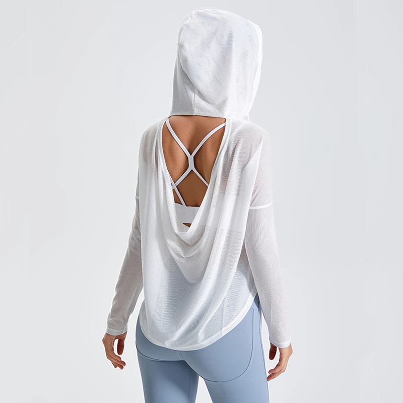 Women Sport Hoodies Thin Loose Yoga Shirt Long Sleeves Running Shirt Anti-UV Sweatshirts Girls Hollow Out Gym Fitness Hooded Top