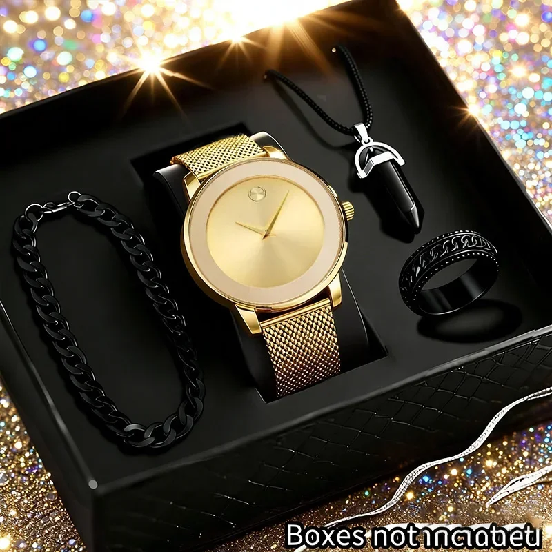 4PCS/Set Men's Business Watch Casual Alloy Strap Men's Quartz Watch Necklace Bracelet Ring Set