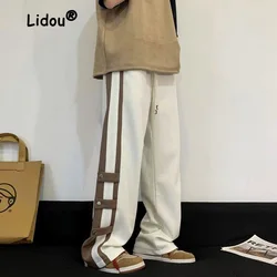 High Street Casual Color Block Button Men's Wide Leg Pants Classic Loose Straight Cylinder Summer Waist Drawstring Male Trousers