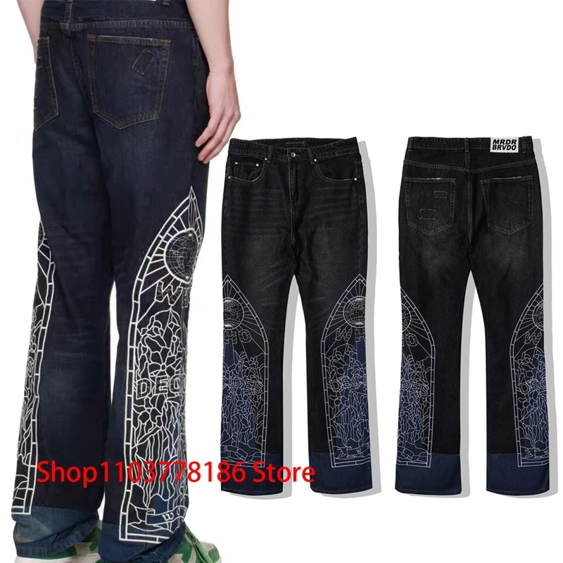 Heren Street Pop Borduurpatroon WHO DECIDES WAR Jeans Stretch Rechte Broek 1:1 Hoge kwaliteit Who Decides War Denim Broek