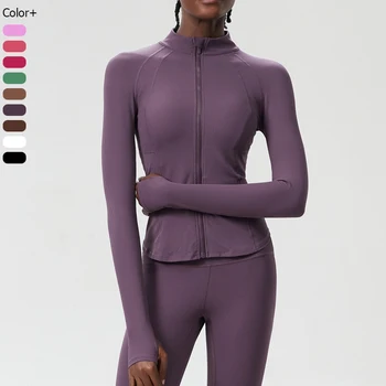 Women Outdoor Running Jacket Solid Color Long Sleeve Gym Coat Slim Fit Sports Zipper Top…