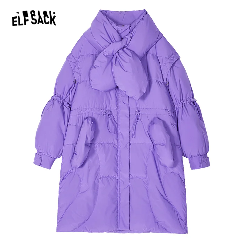 ELFSACK Purple Warm Down Coats Women 2023 Winter Loose Mid-length Designed Outwears