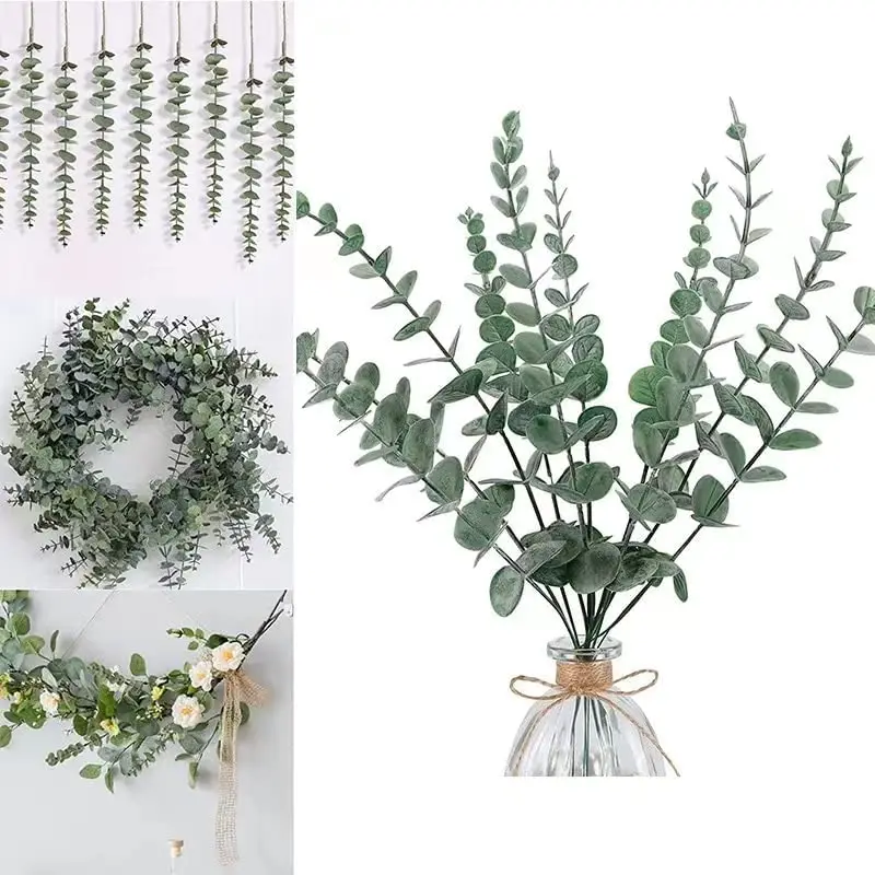 Yannew-tallos artificiales de eucalipto para decoración del hogar, plantas falsas verdes de dólar plateado para ramo de boda, arreglo Floral, 12 piezas