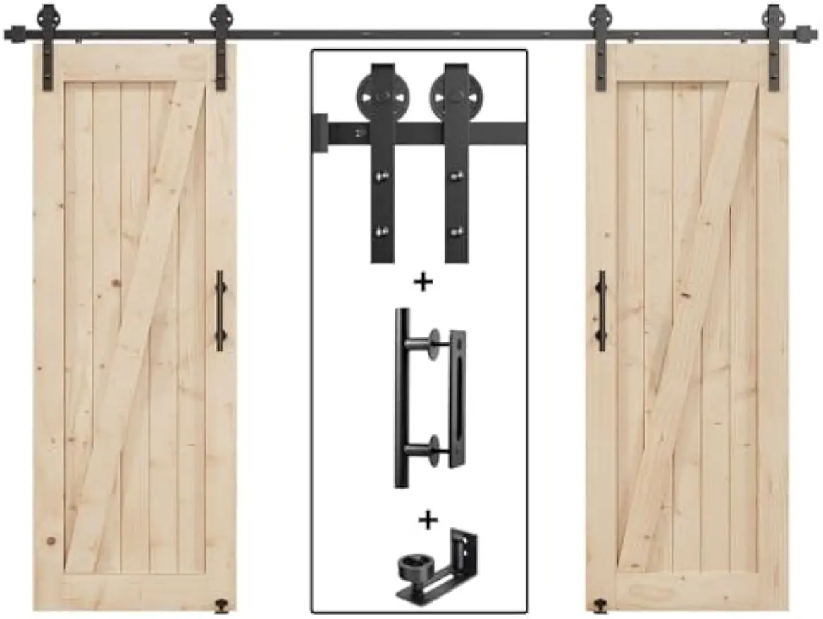 10FT Double Sliding Barn Door Hardware Track Kit Handle Big Industrial Spoke Wheel Wall Mount Smooth Quiet Easy Install Black 10