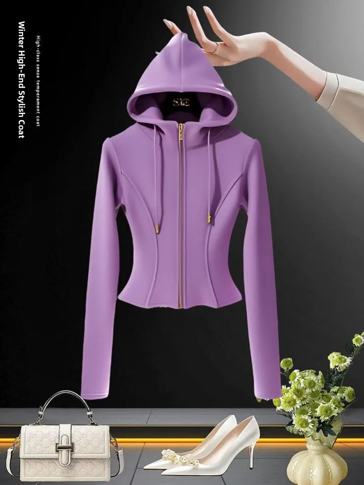 2024 Winter Women's Zipper Hoodie Jacket Purple Slim Fit Waist Cinched Inner Wear Base Top Commute Style High End Fashion