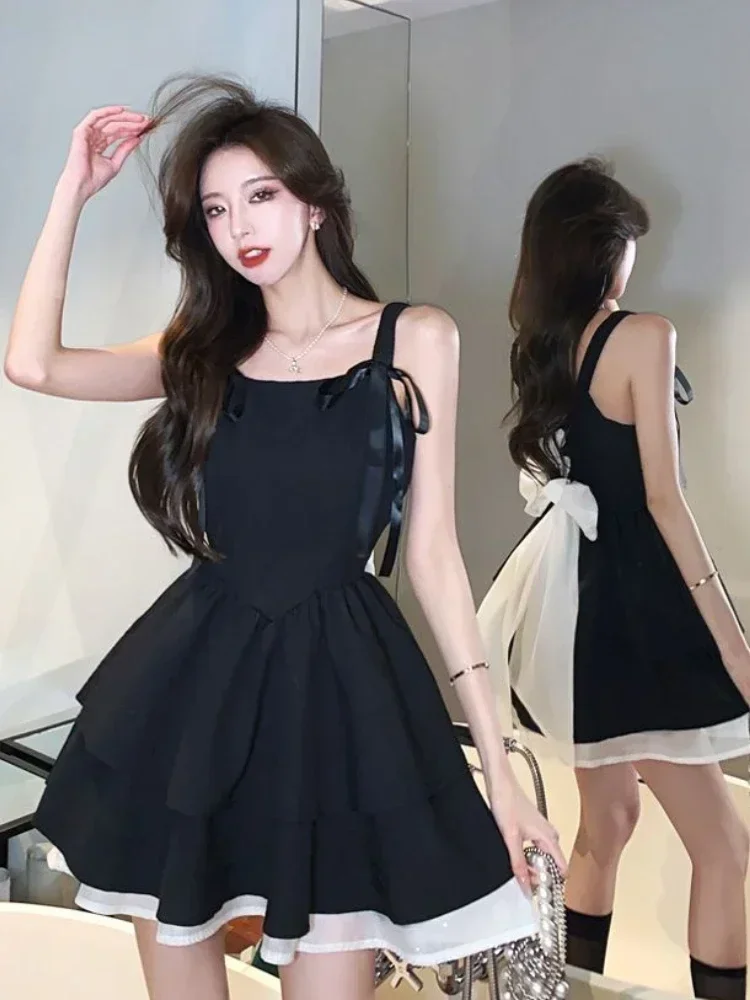 

Deeptown Korean Style Black Ribbon Dress Women Lolita Y2k Fairycore Mini Corset Dresses Cute Folds Layered Slip Party Vestidos