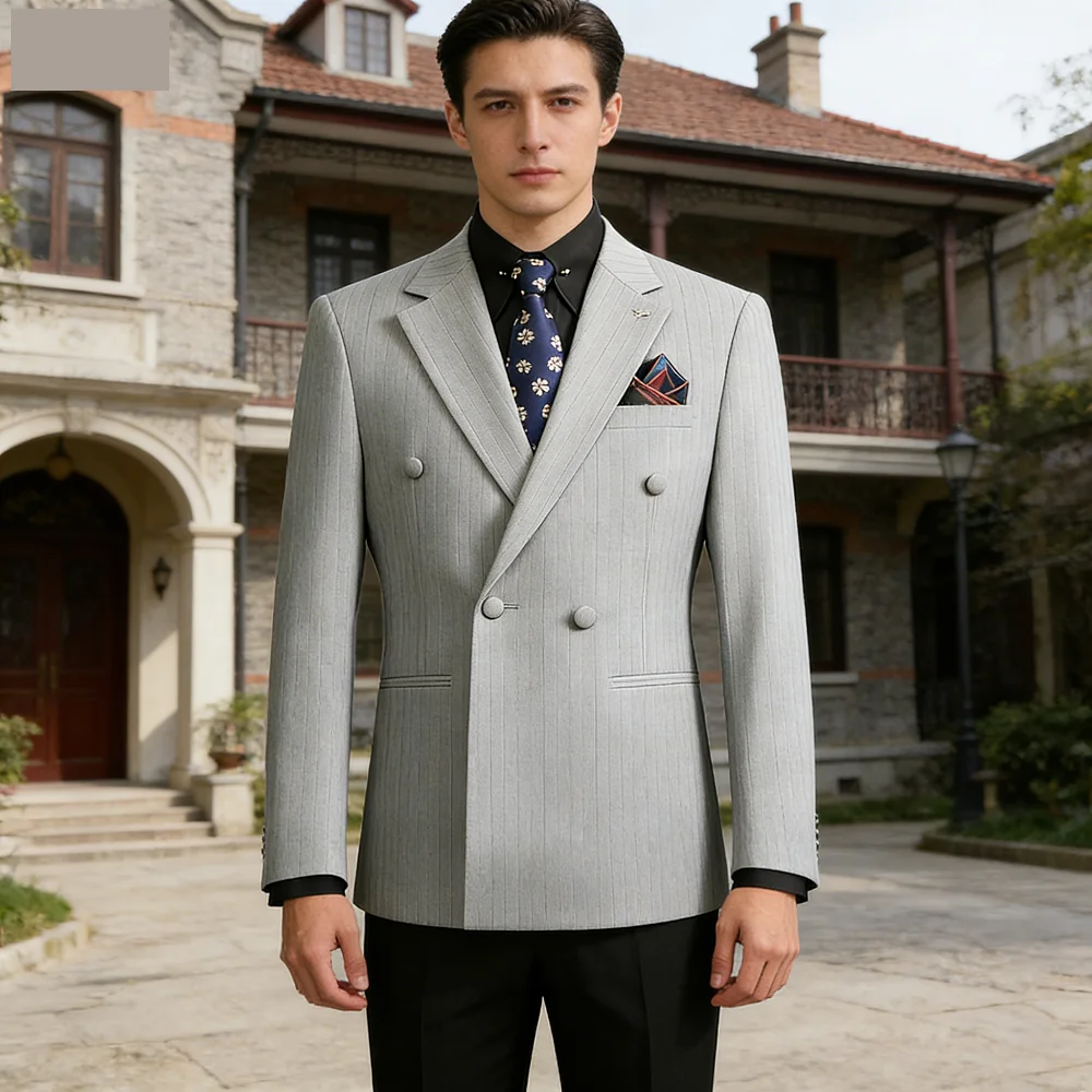 

Men's Premium Double-Breasted Striped Three-Piece Suit Set Business Formal Attire for Groom Best Man Wedding