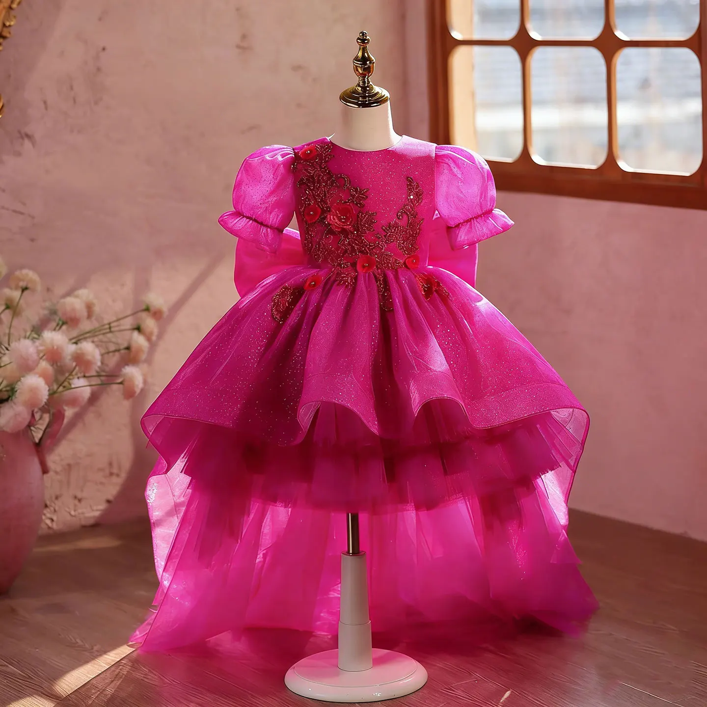 Jill Wish J889 Fuchsia High Low Puff Sleeve 3D Floral Embroidery Sparkly Tulle Gown Kids Wedding Flower Girl Formal Dress