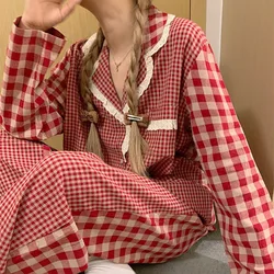 Spring Ladies New Pajamas Homewear Set Girls Korean Plaid Lace Fashion Long-Sleeved Long Pants Student Pajamas Homewear Set