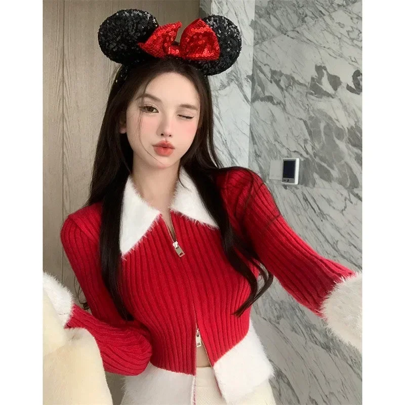 Fur Collar Cardigan Sweater Women Faux Fur Y2k Crop Tops Elegant Fashion Zipper Knitted Coat Korean Popular Style Red Pink Black