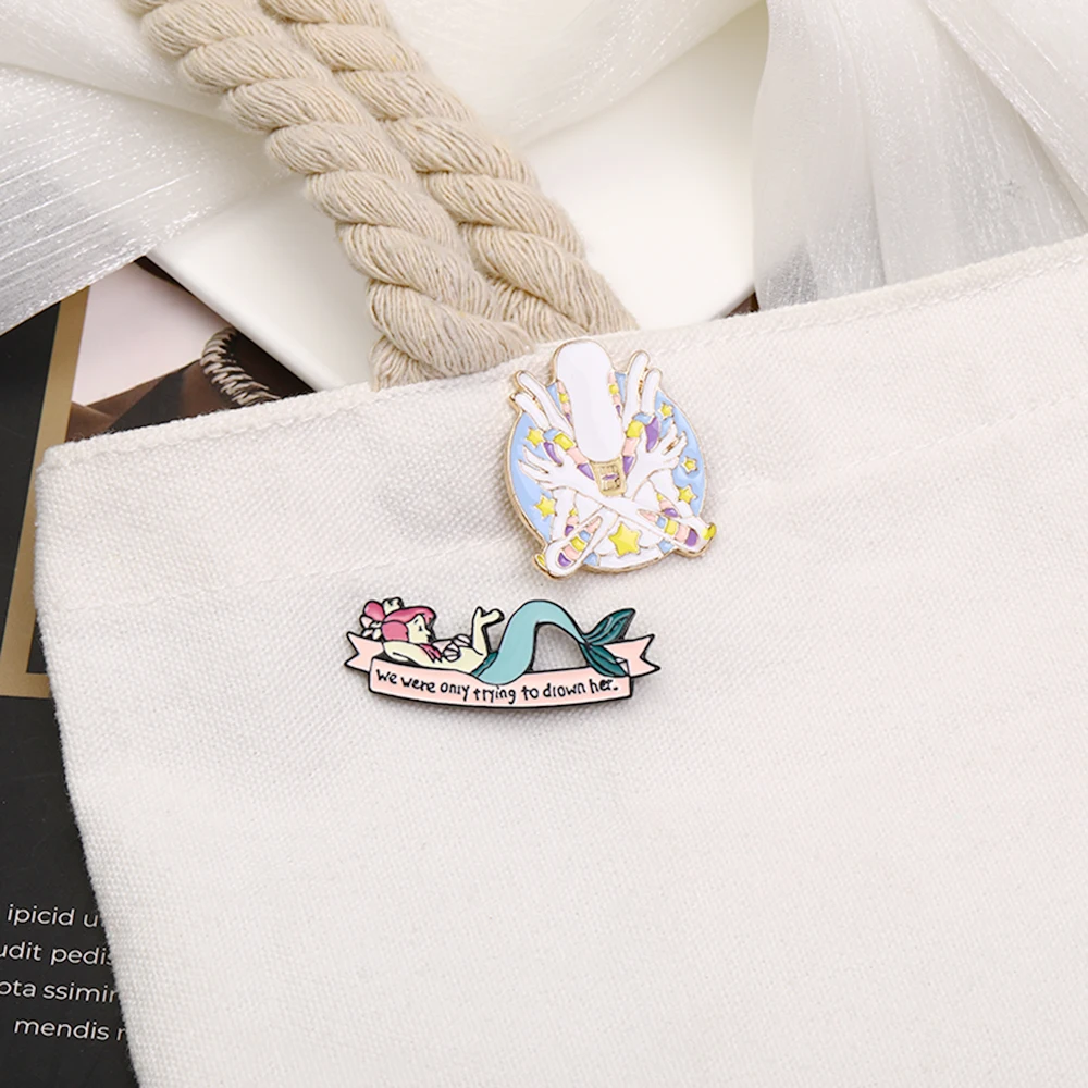 We Wre Only Trying To Diown Her Mermaid Brooches Lovely Little Girl Riding A Bicycle Lapel Pins Escape Backpack Badge For Kids