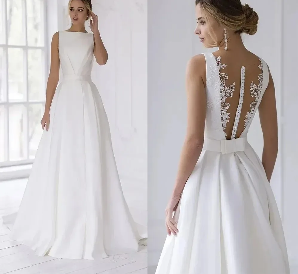 

Elegant Wedding Dress Boat Neck Lace Appliques Sleevesless Illusion Back A-Line Satin Bride Gown Bridal Dress vestidos de novia