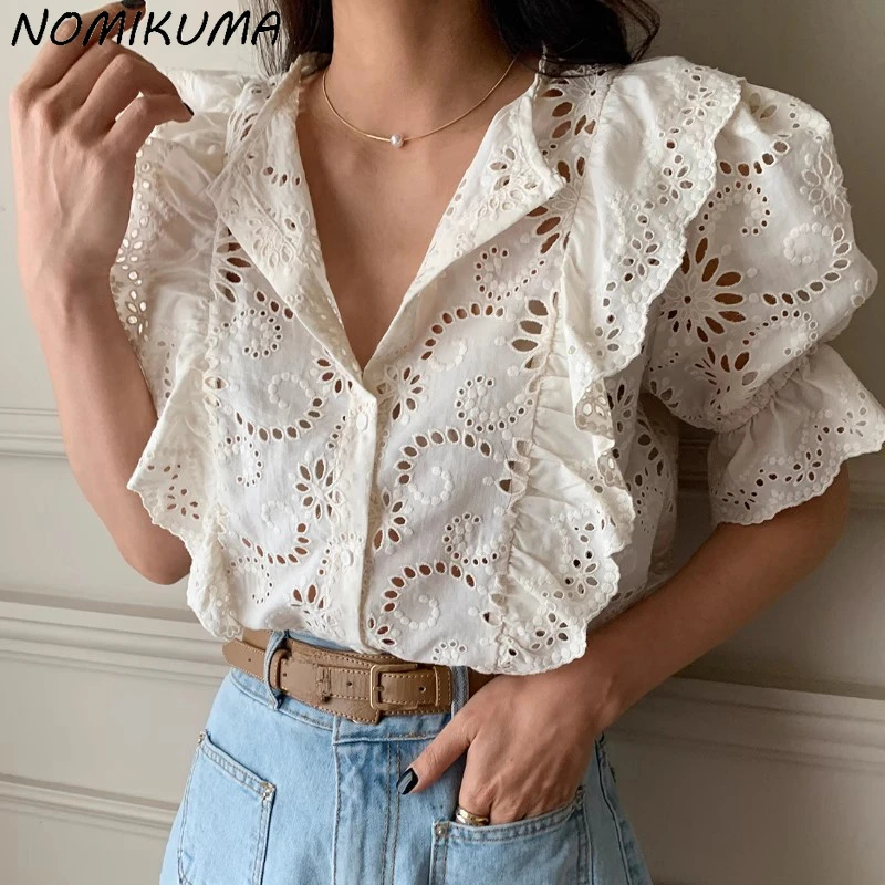 Nomikuma Korean Chic 2024 Summer French Chic Hollowed Out Hook Flower Versatile Ruffle Edge Puff Sleeve Shirt for Women