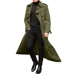 Men'S Windbreaker Spring Autumn Long-Slevee Extra Long Trench Coat Classic Trend Double Breasted Solid Color Temperament Trench