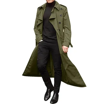 Men'S Windbreaker Spring Autumn Long-Slevee Extra Long Trench Coat Classic Trend Double Breasted Solid Color Temperament Trench