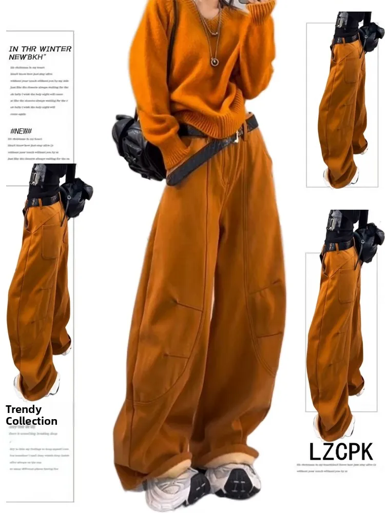 

Женские джинсы с высокой талией свободного кроя, осенне-зимние, оранжевые, с дизайном «Тыквенный нож», длинные брюки, винтажные, модные