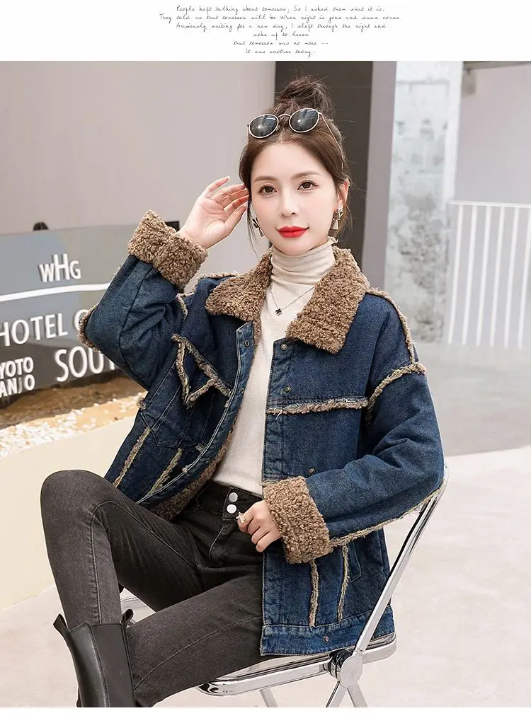 

Джинсовое пальто для женщин, длинное меховое плюшевое женское осеннее приталенное пальто с воротником-стойкой в готическом стиле, в стиле панк, для вечеринки в ночном клубе, стеганая куртка на пуговицах