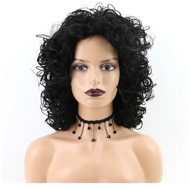 Short Afro Curly Wig For Women Synthetic Fluffy Shoulder Length Loose Wave Hair With Natural Looking Black 16''